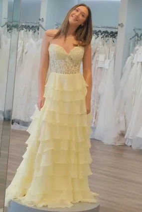 A Line Ruffles Yellow Tiered Formal Dress Sweetheart Appliques