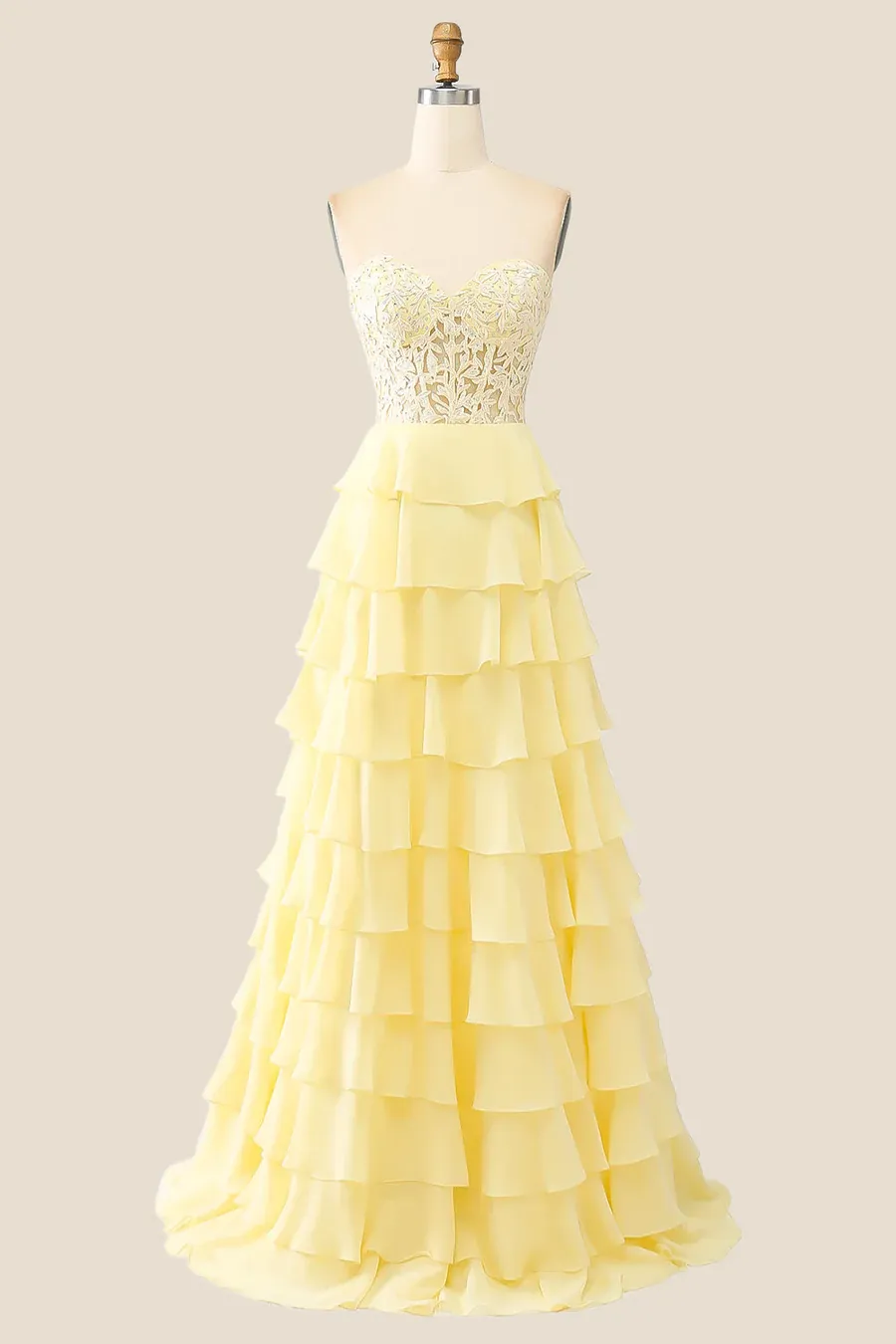 A Line Ruffles Yellow Tiered Formal Dress Sweetheart Appliques