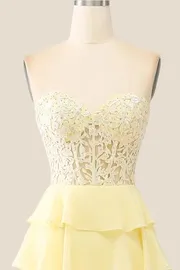 A Line Ruffles Yellow Tiered Formal Dress Sweetheart Appliques