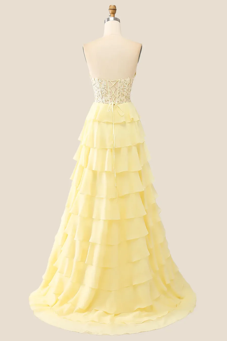 A Line Ruffles Yellow Tiered Formal Dress Sweetheart Appliques