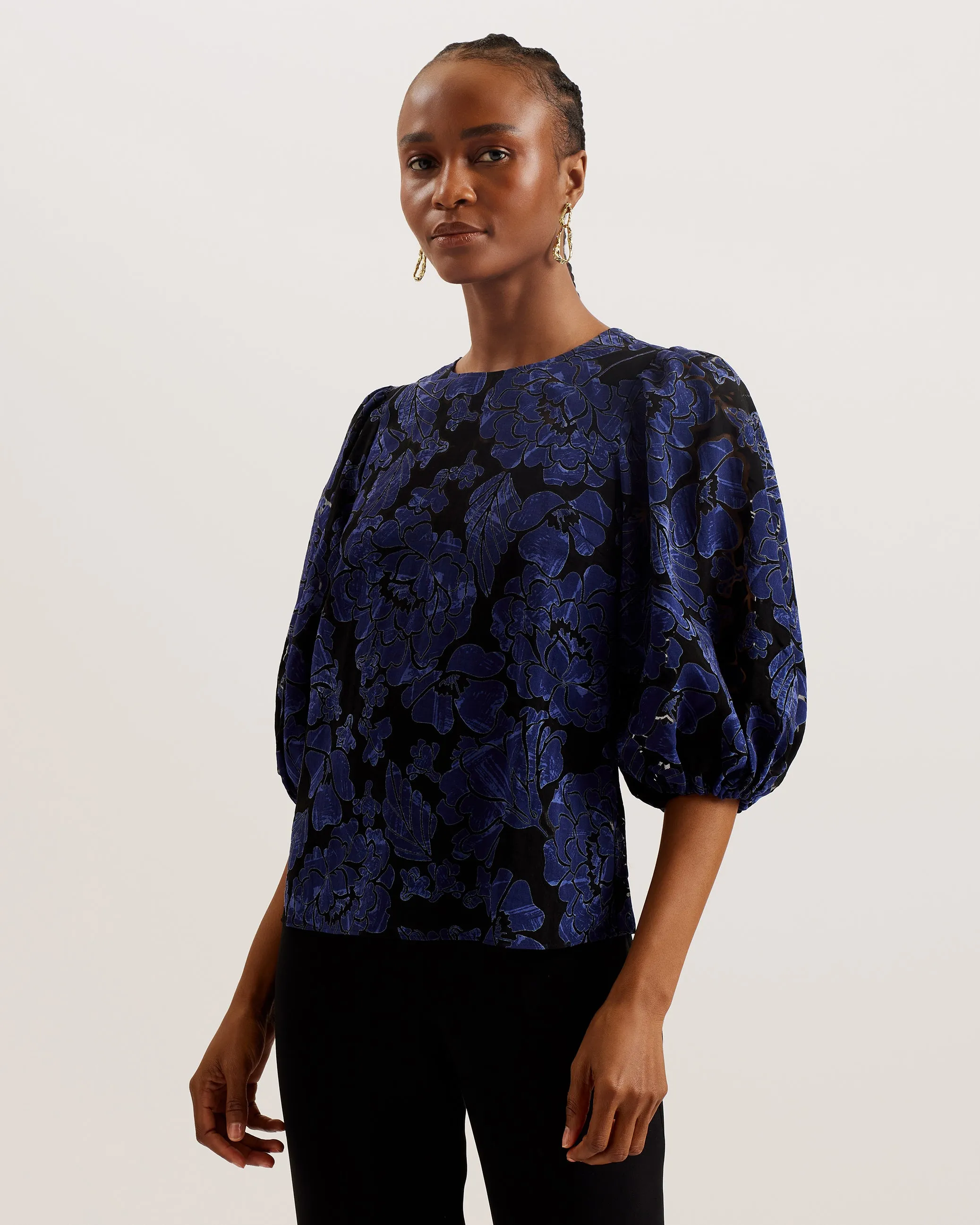 Arpy Printed Balloon Sleeve Top Navy