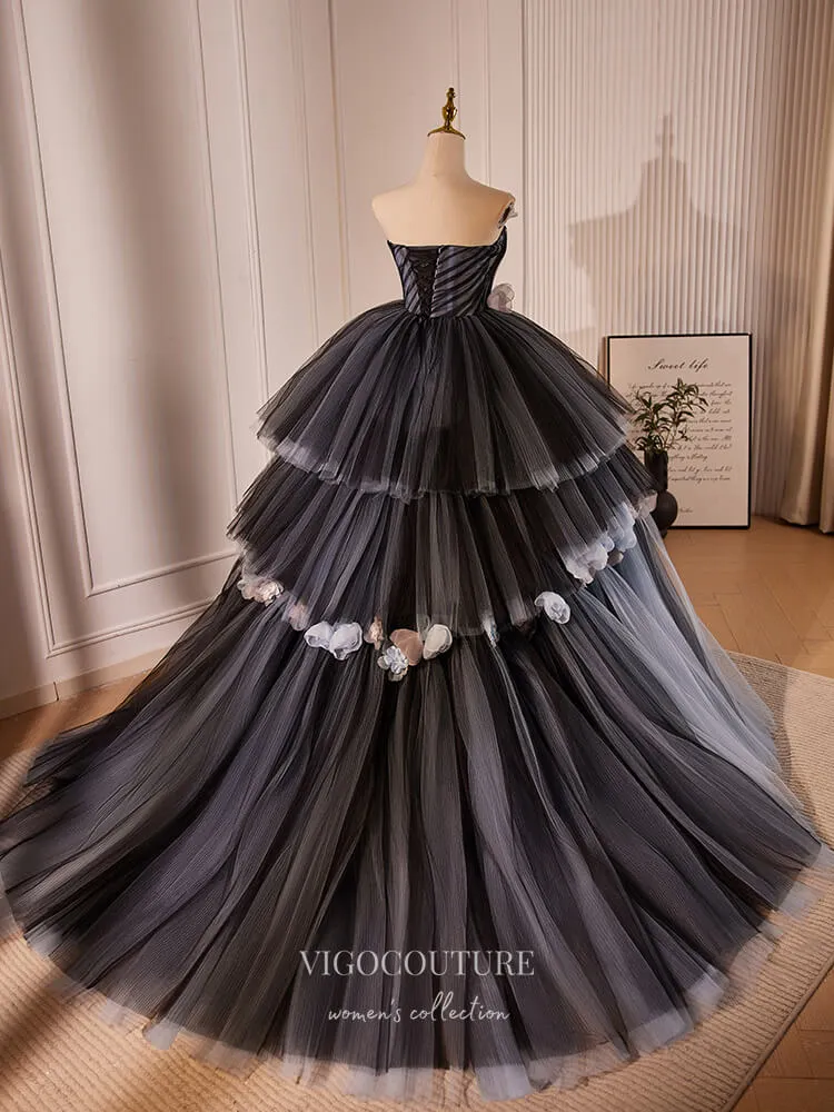 Black 3D Flower Tiered Prom Dresses Strapless Quinceanera Dress 24397