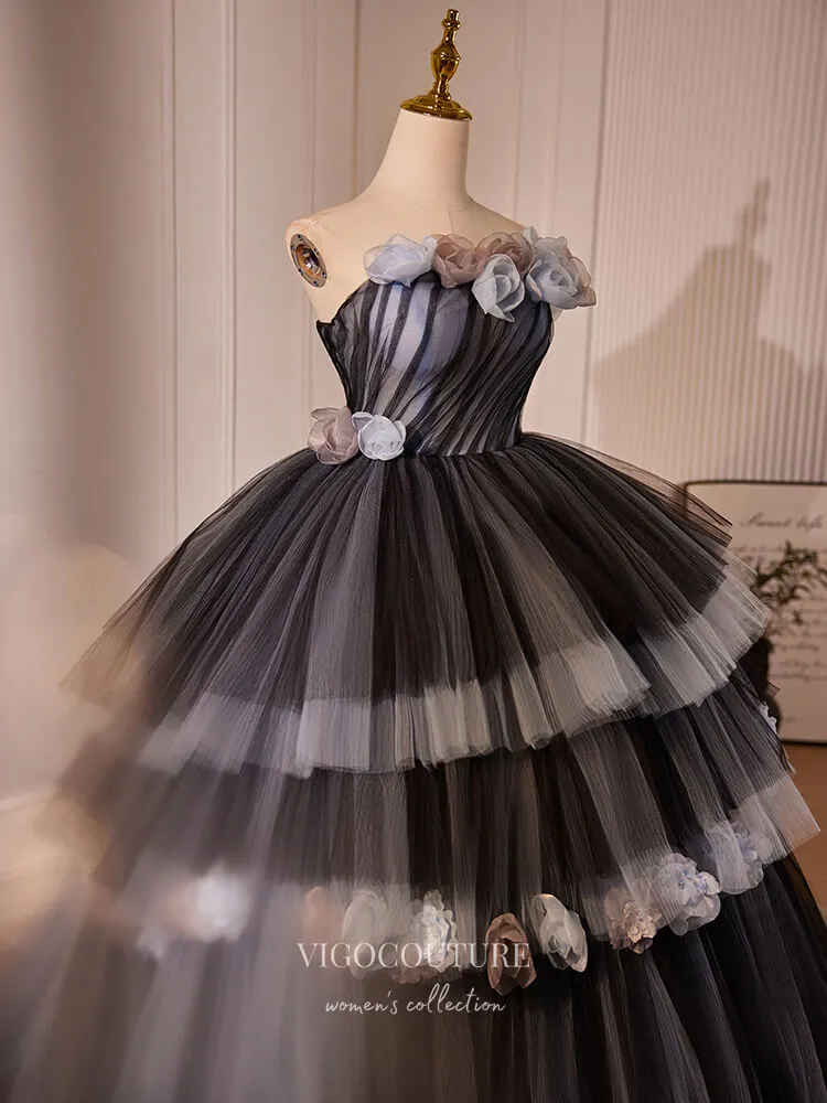 Black 3D Flower Tiered Prom Dresses Strapless Quinceanera Dress 24397