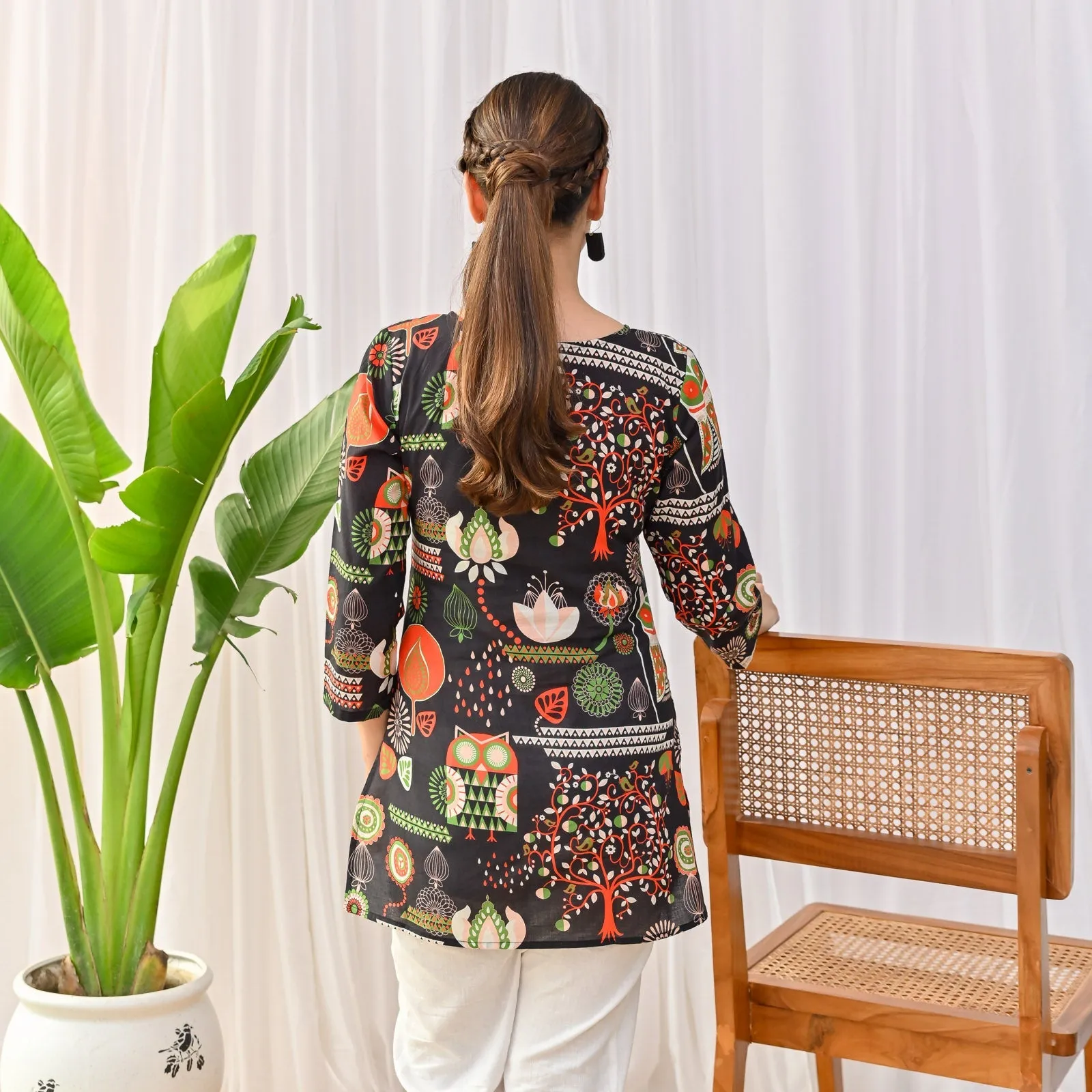 Black Cotton Owl Printed Ethnic Tunic Top