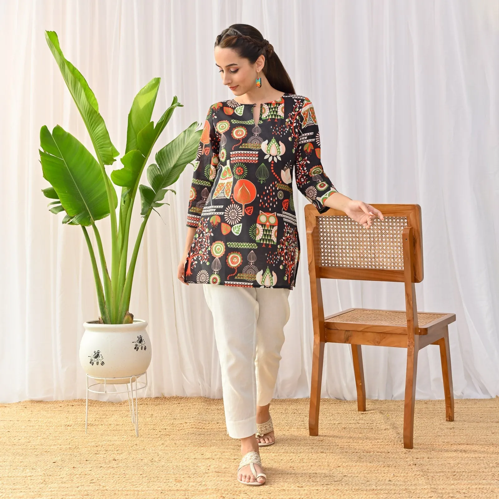 Black Cotton Owl Printed Ethnic Tunic Top