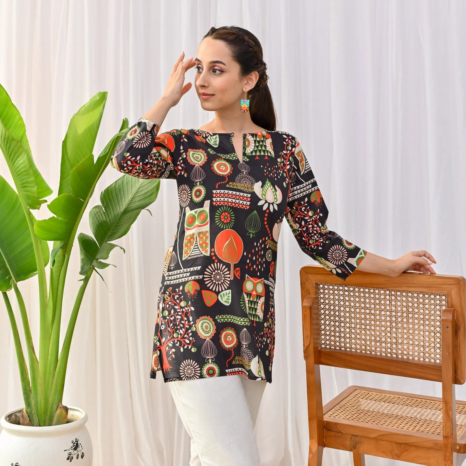 Black Cotton Owl Printed Ethnic Tunic Top