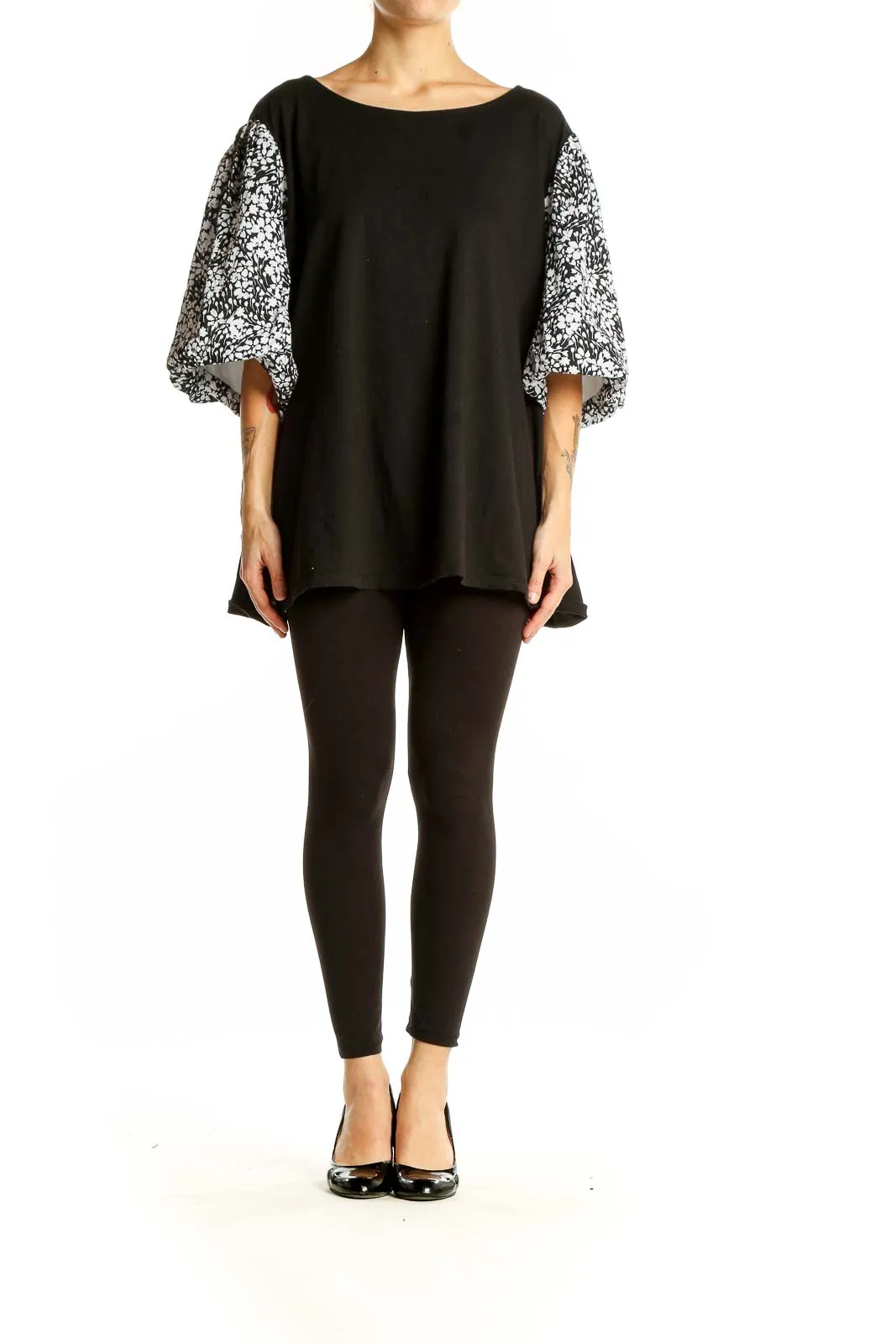 Black Floral Print Balloon Sleeve Top