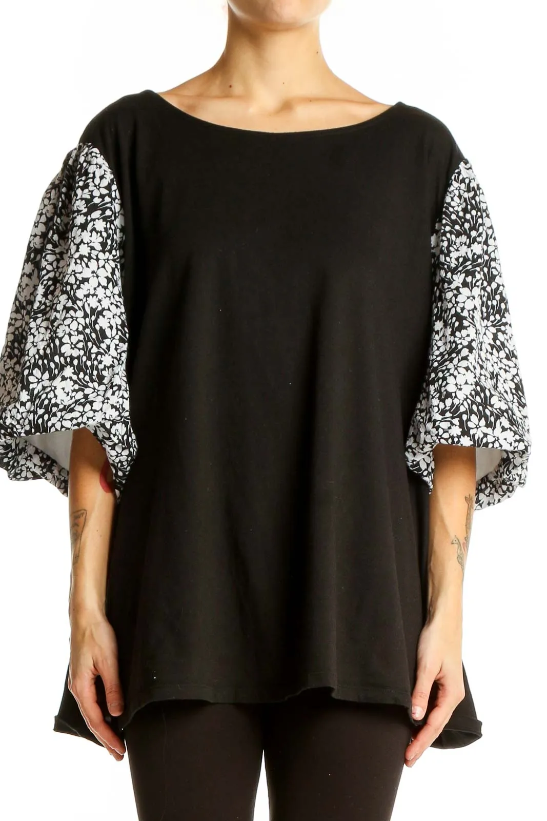 Black Floral Print Balloon Sleeve Top