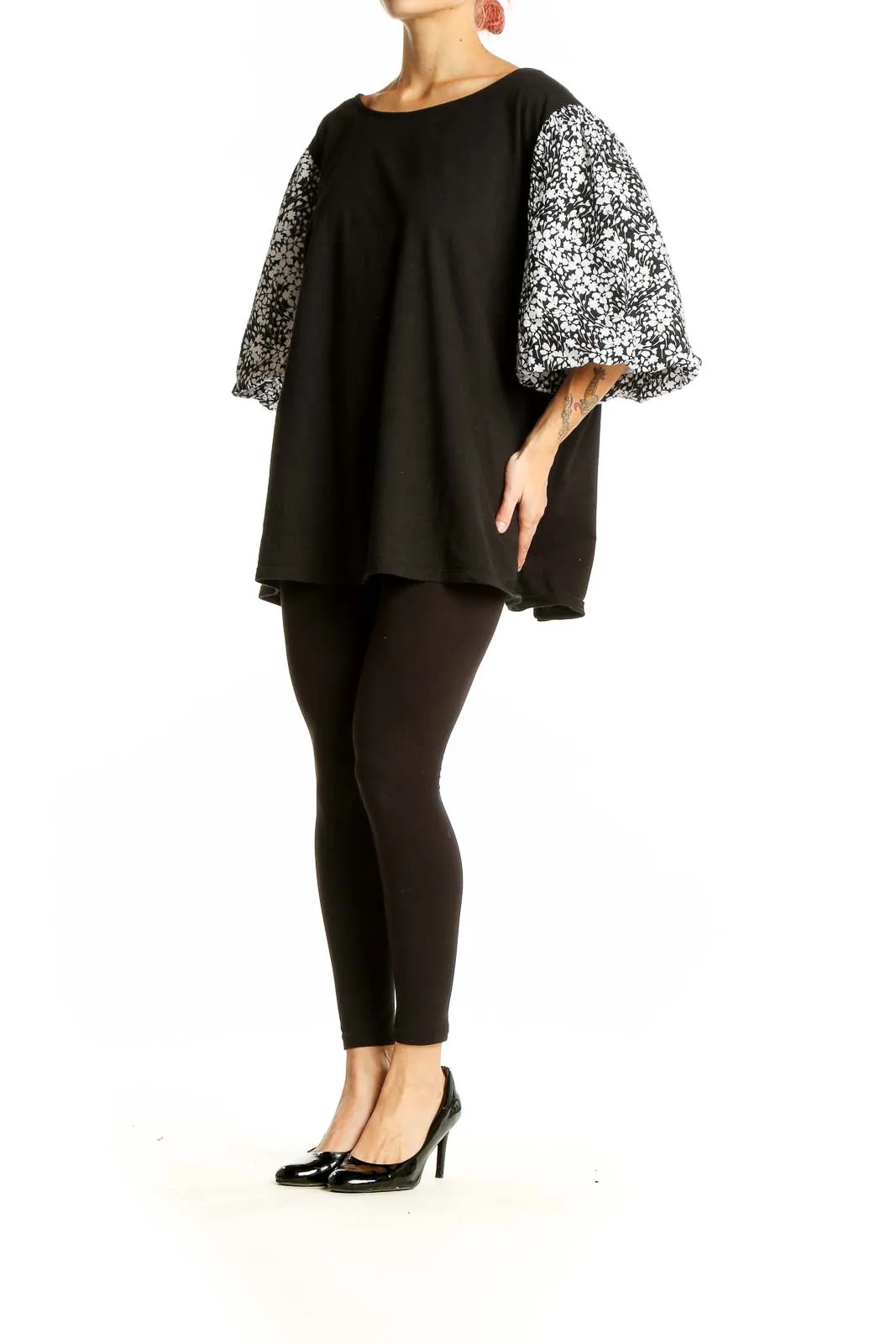 Black Floral Print Balloon Sleeve Top