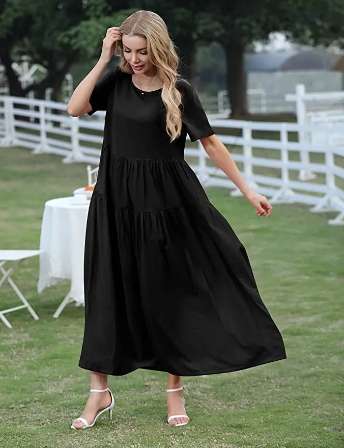 Black Plan Women Casual Loose Bohemian Floral Dress with Pockets Short Sleeve Long Maxi Summer Beach Swing Dress - Yesno