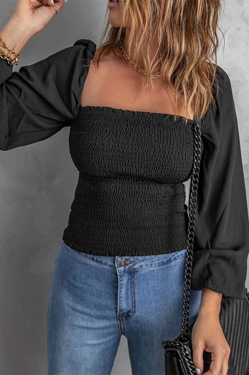 Black Puff Sleeve Smocked Top