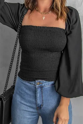 Black Puff Sleeve Smocked Top