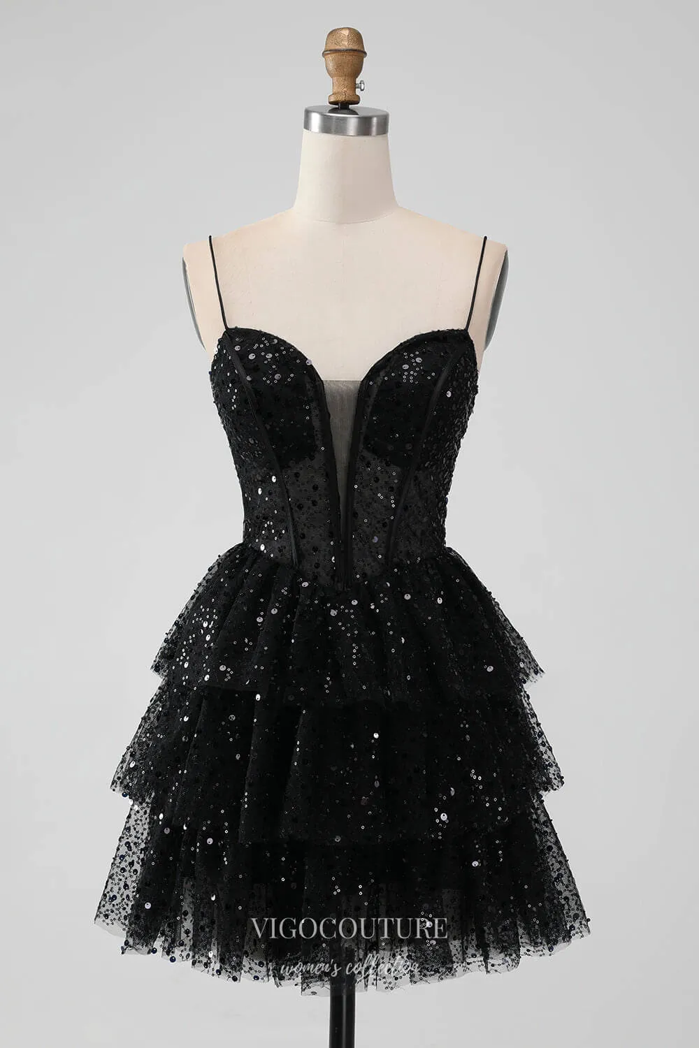 Black Tiered Sequin Homecoming Dresses Spaghetti Strap Back to School Dress hc366