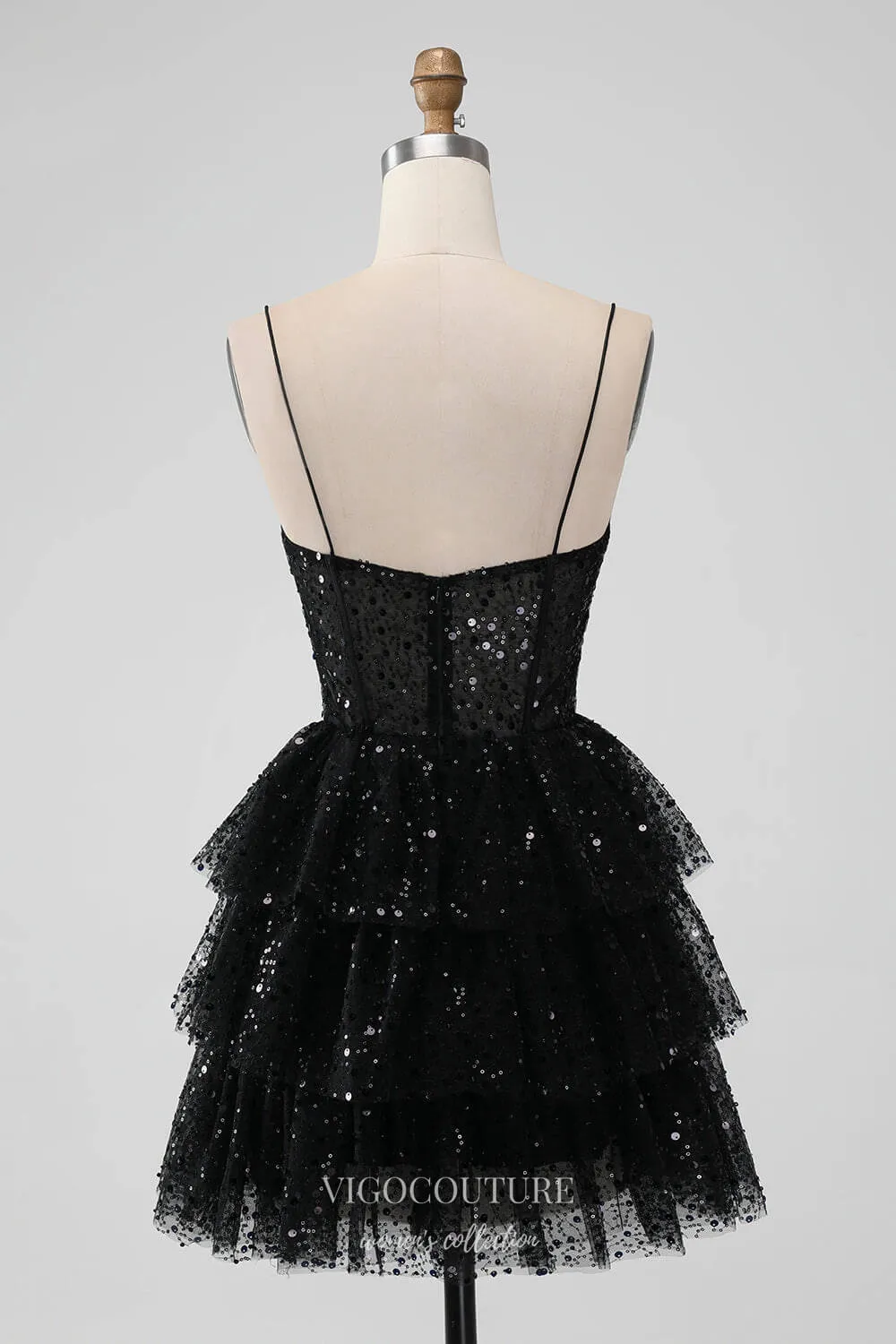 Black Tiered Sequin Homecoming Dresses Spaghetti Strap Back to School Dress hc366