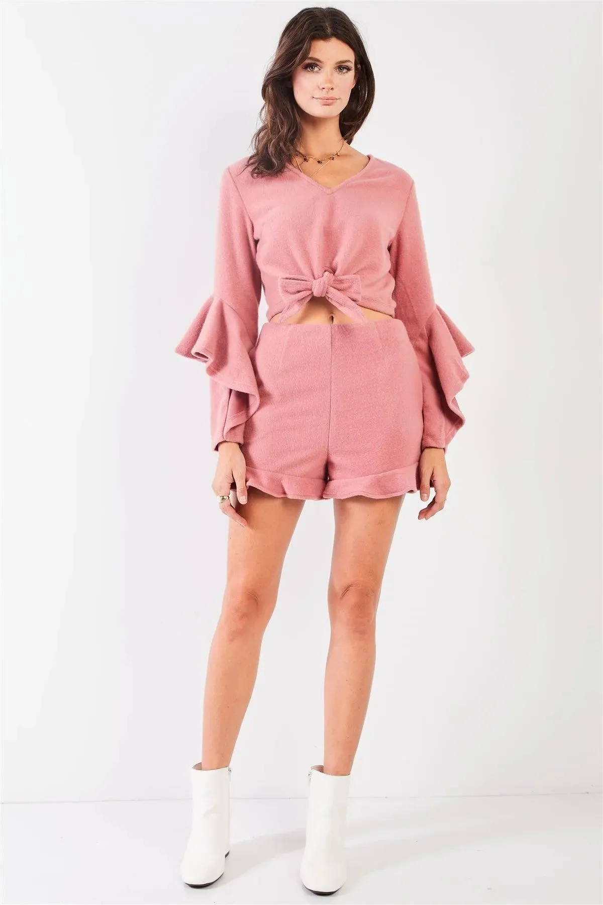 Blush Fuzzy Long Ruffle Sleeve V-Neck Self-Tie Front Detail Cropped Top & High-Waisted Ruffle Shorts Two Piece Set /2-2-2