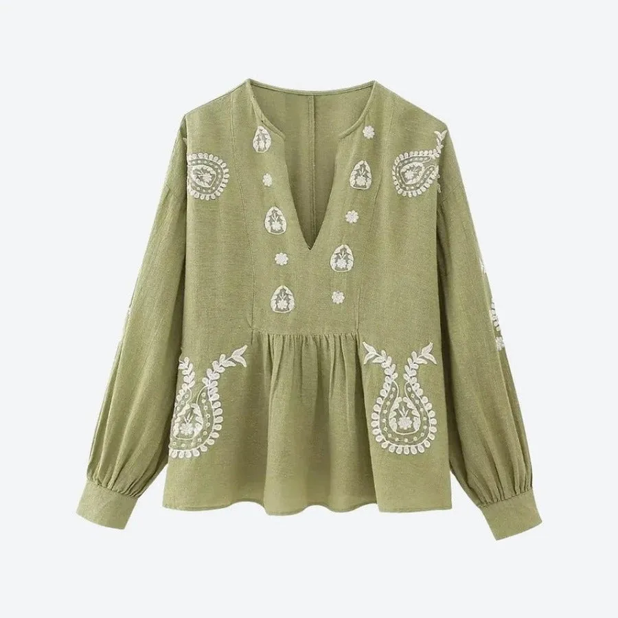 Bohemian Embroidered Balloon Sleeve Blouses