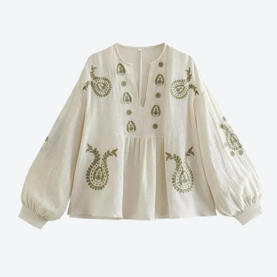 Bohemian Embroidered Balloon Sleeve Blouses