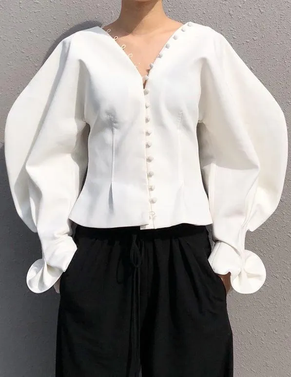 Button-Front Balloon-Sleeve Blouse