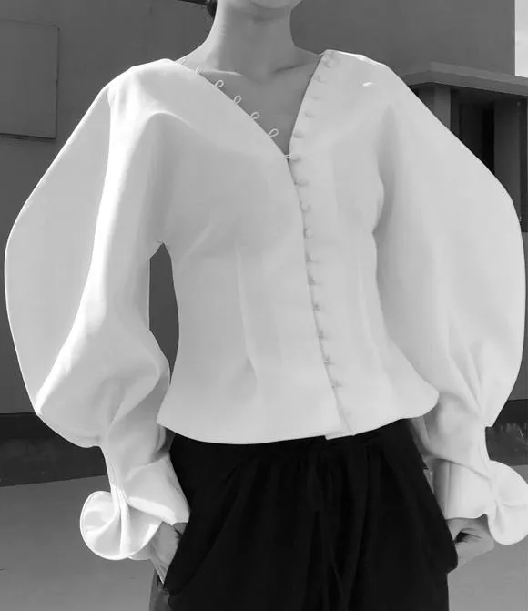 Button-Front Balloon-Sleeve Blouse