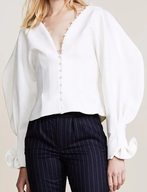 Button-Front Balloon-Sleeve Blouse