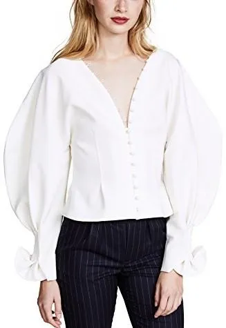 Button-Front Balloon-Sleeve Blouse