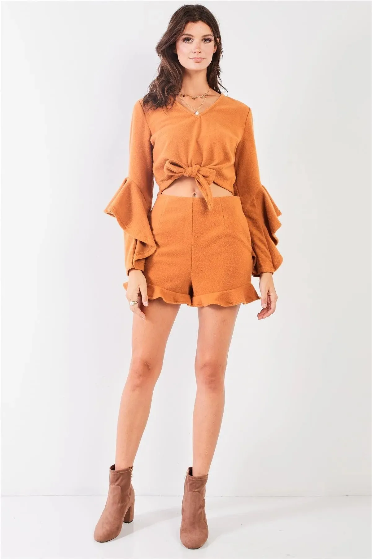 Camel Fuzzy Long Ruffle Sleeve V-Neck Self-Tie Front Detail Cropped Top & High-Waisted Ruffle Shorts Two Piece Set /2-2-2