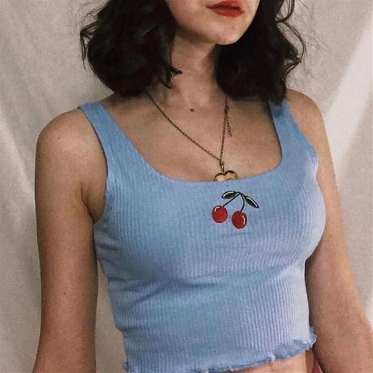 Cherry Printed Women Slim Crop Tops