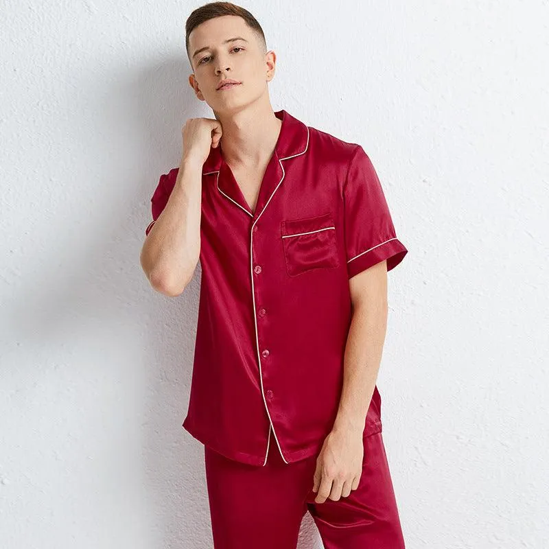 Classic Short Sleeves Silk Pajamas Set for Men 100% Mulberry Silk Nightwear Sleepwear