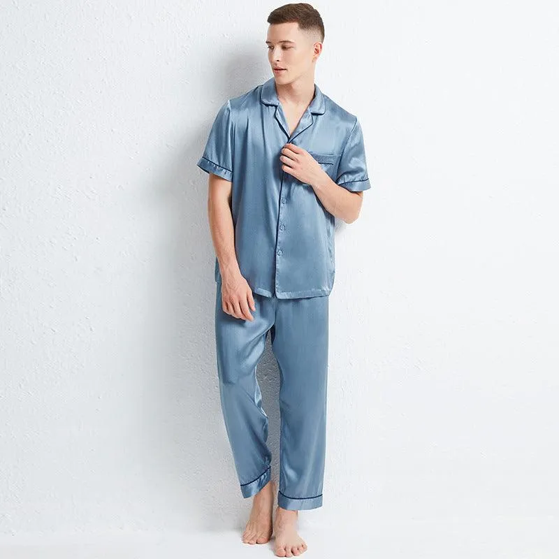 Classic Short Sleeves Silk Pajamas Set for Men 100% Mulberry Silk Nightwear Sleepwear