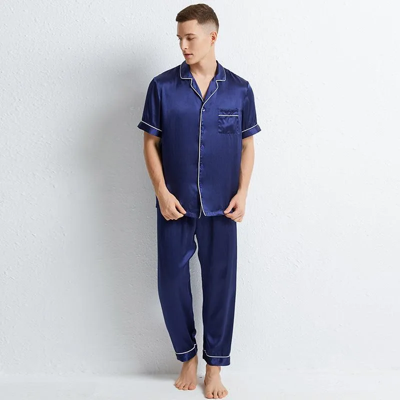 Classic Short Sleeves Silk Pajamas Set for Men 100% Mulberry Silk Nightwear Sleepwear