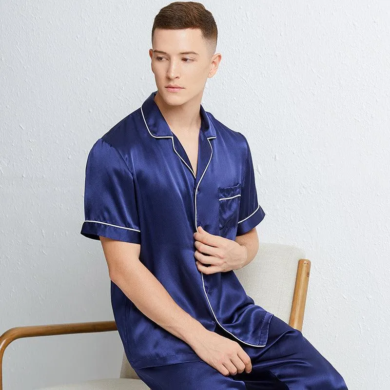 Classic Short Sleeves Silk Pajamas Set for Men 100% Mulberry Silk Nightwear Sleepwear