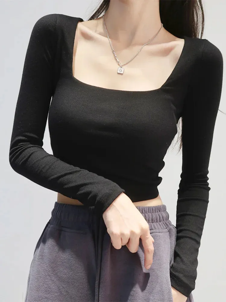 Cotton Ribbed Square Neck Long Sleeve Tee