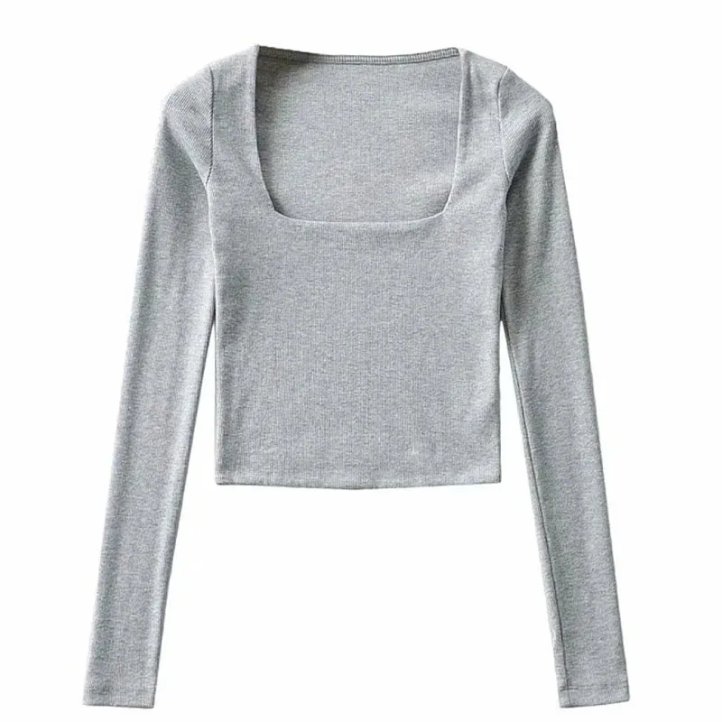 Cotton Ribbed Square Neck Long Sleeve Tee