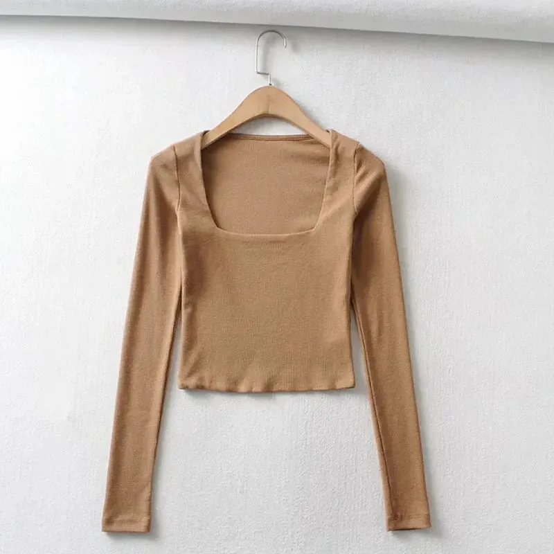 Cotton Ribbed Square Neck Long Sleeve Tee