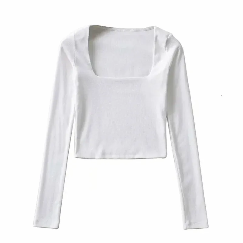 Cotton Ribbed Square Neck Long Sleeve Tee