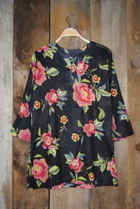 Cotton Tunic Top Red Roses on Black