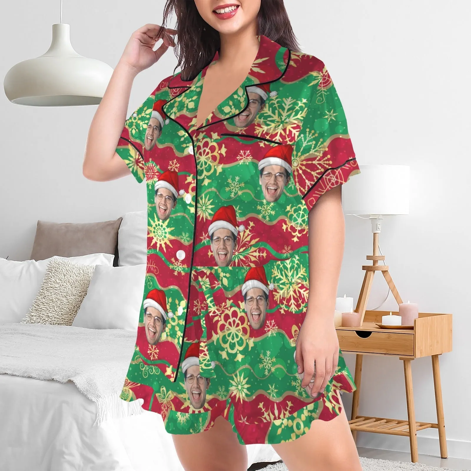 Couple Matching V-Neck Short Pajamas Custom Face Christmas Pajama Sets Sleepwear Loungewear