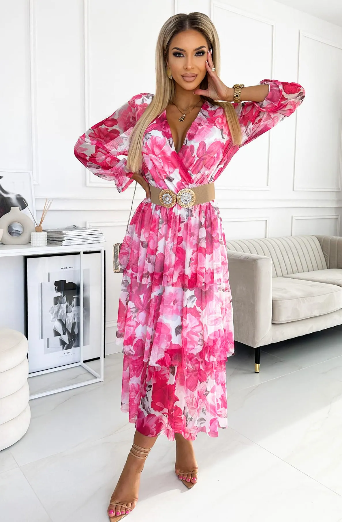 Edith Floral Chiffon Tiered Maxi Dress-Pink