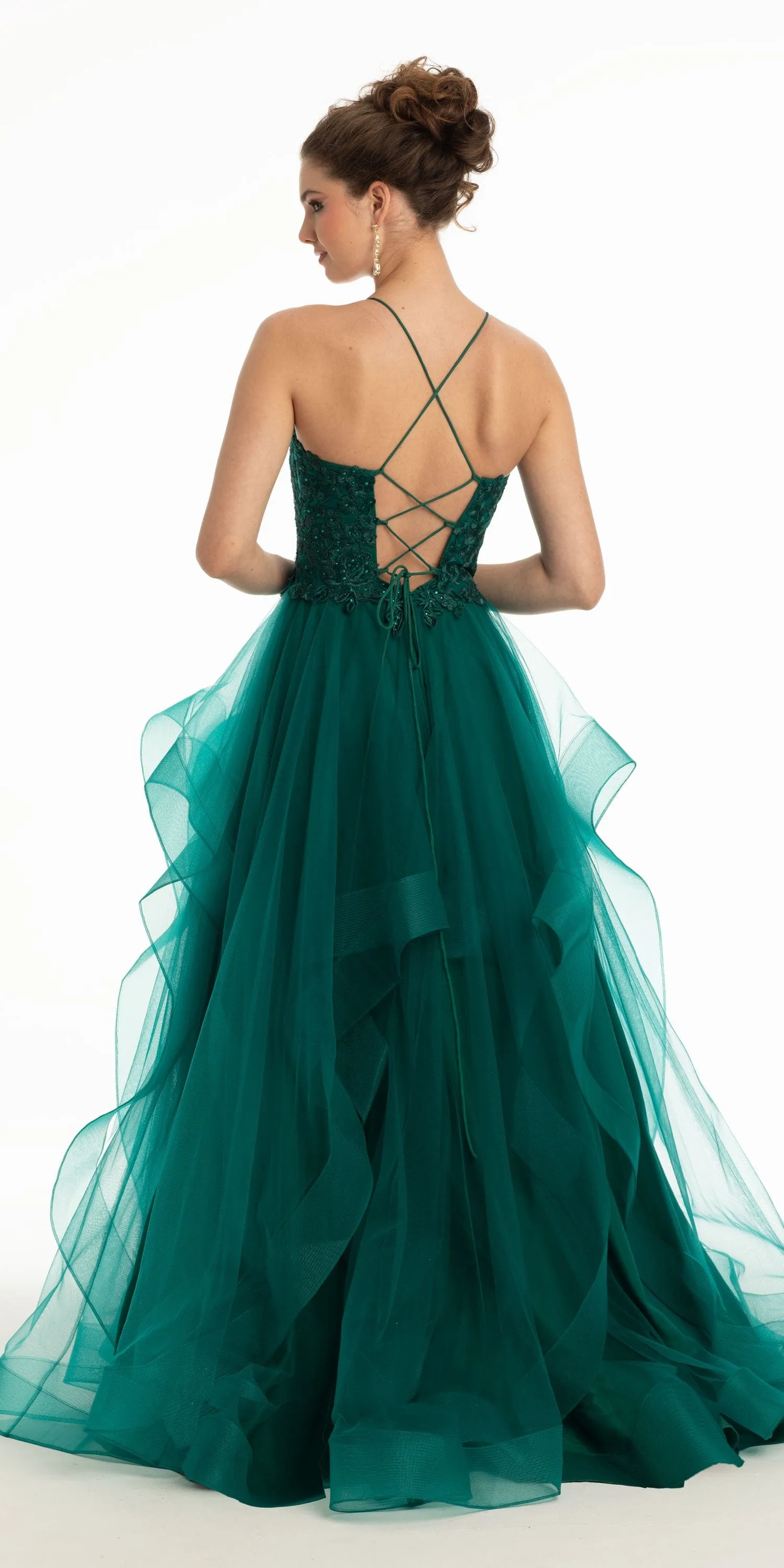 Embroidered Bodice Lace Up Back Mesh Tiered Ballgown with Horse Hair Hem