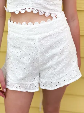 Embroidered Eyelet Shorts - White