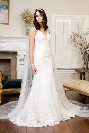 Embroidered V-Neck Mermaid Wedding Gown w/ Detachable Cape - Mask Not Included