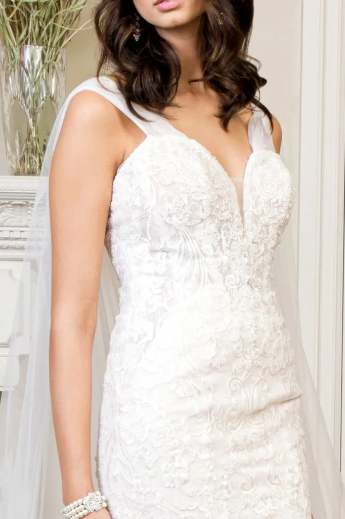 Embroidered V-Neck Mermaid Wedding Gown w/ Detachable Cape - Mask Not Included