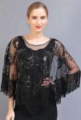 Fancy Flapper Black Sequin Shawl Cape