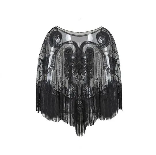 Fancy Flapper Black Sequin Shawl Cape