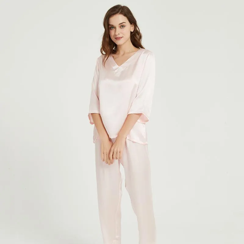 Fashion Simplicity 100% Silk Short Sleeves Pajamas Set 22 Momme Silk Sleepwear Pullover & Long pants