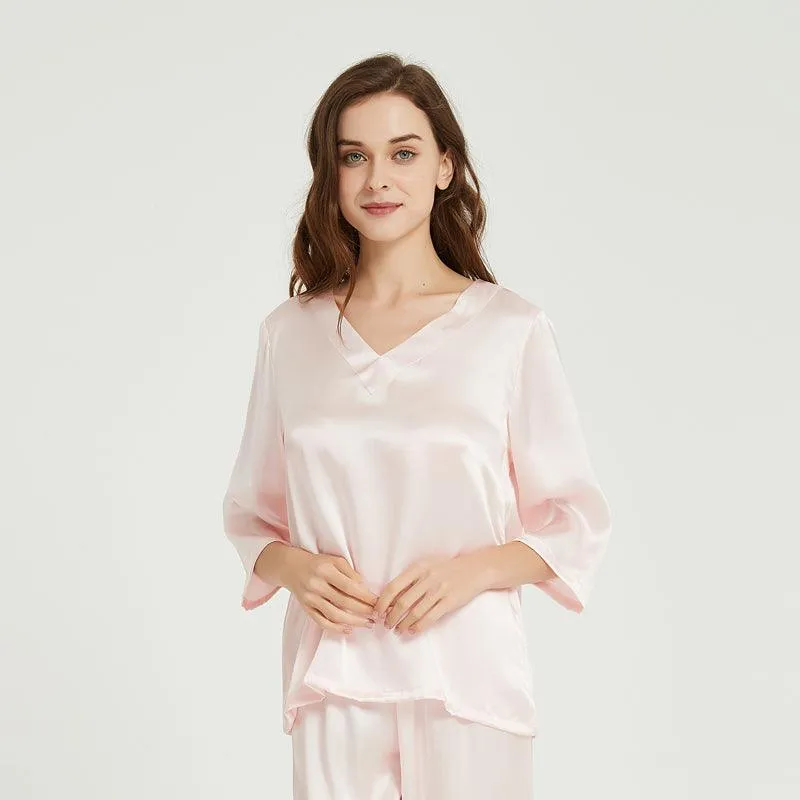 Fashion Simplicity 100% Silk Short Sleeves Pajamas Set 22 Momme Silk Sleepwear Pullover & Long pants