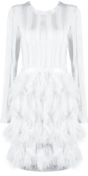 Feather-Tiered Mesh-Paneled Mini Cocktail Dress, White