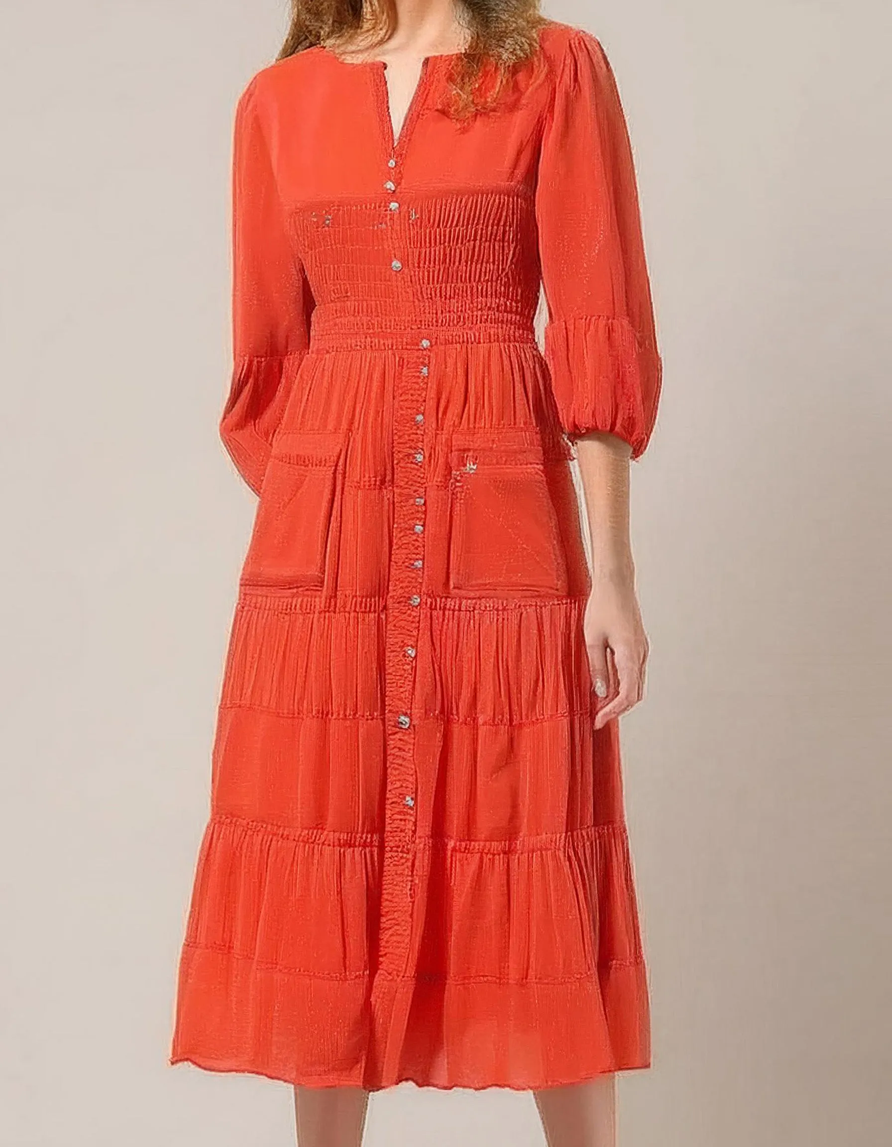 Fiery Orange Tiered Midi Dress