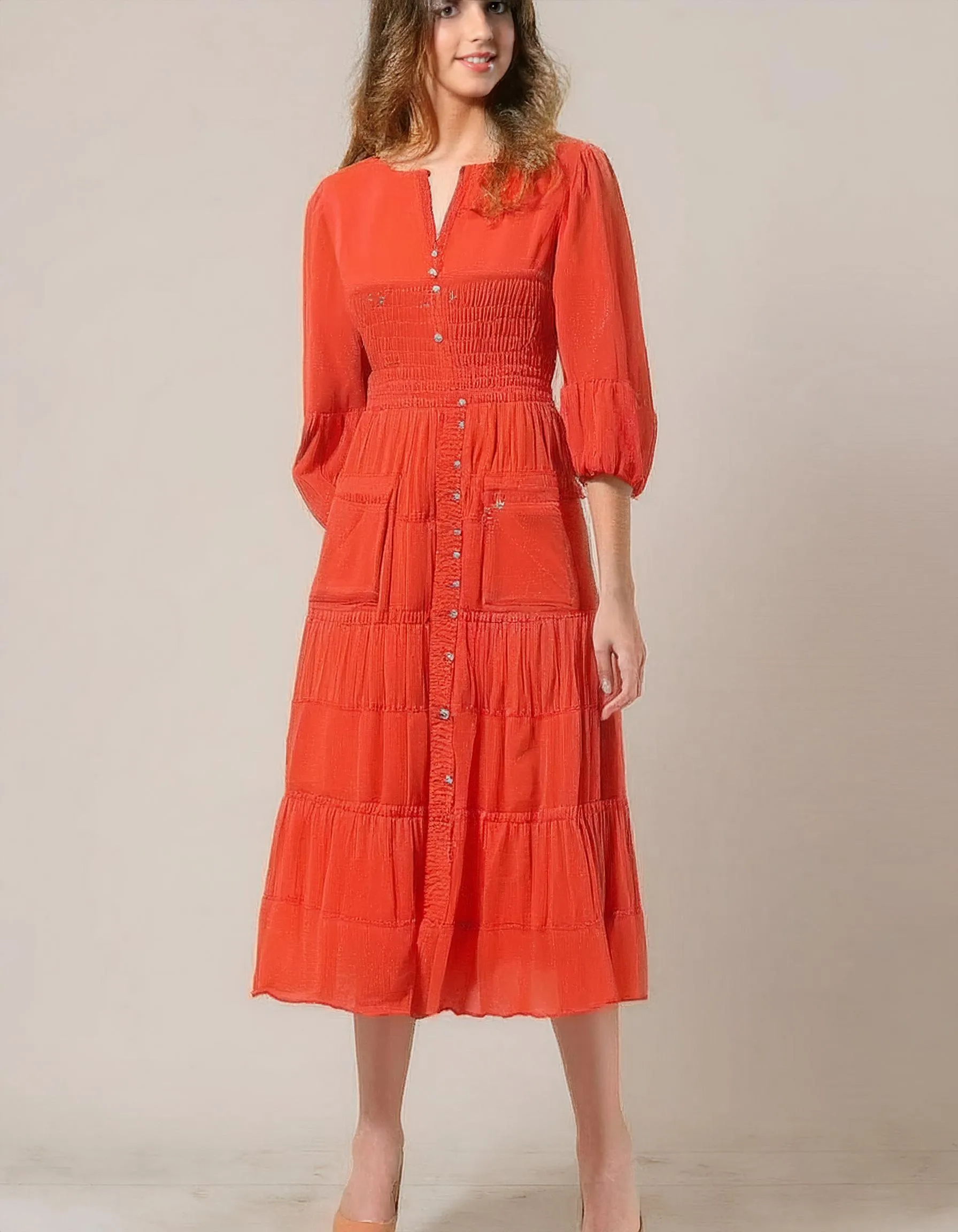 Fiery Orange Tiered Midi Dress