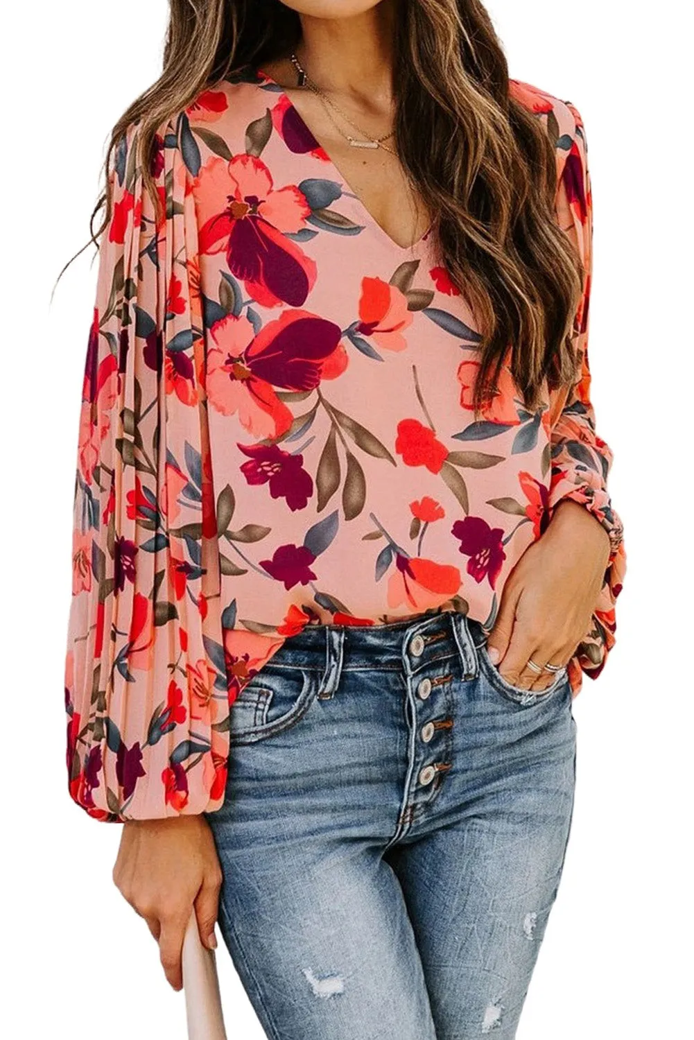 Floral Pleated Balloon Sleeve Blouse